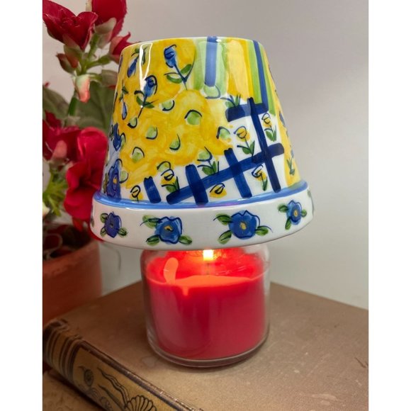 Yankee Candle Small Ceramic Candle Shade Blue Floral Patchwork Plaid Spring - Picture 1 of 10